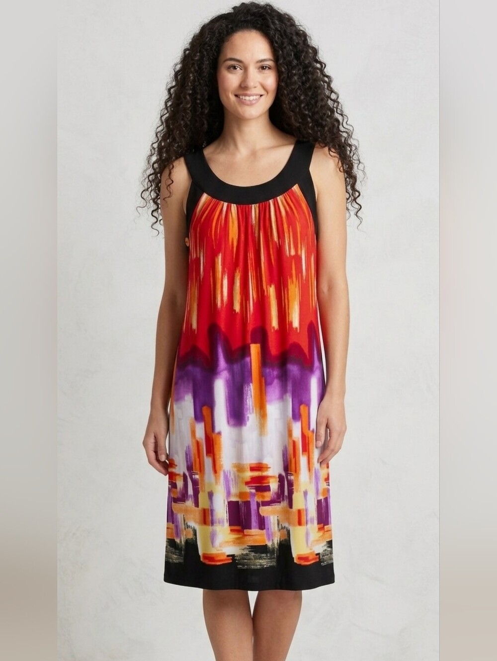 TIANA B Colorful Sleeveless Abstract Art Pleated Shift Dress, Size L